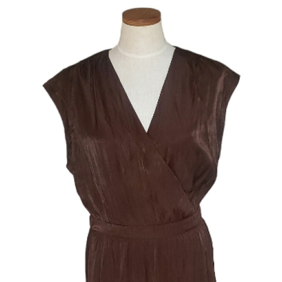 Banana Republic SS Shiny Satin Sheen Twill Wrap Burnt Umber Brown Midi Dress S - Picture 8 of 16